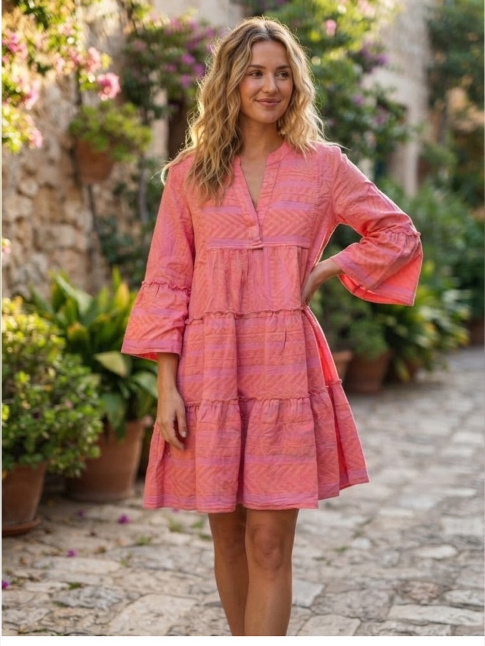 Devotion Twins Ella Pink Orange Jacquard Tiered Mini Dress Medium